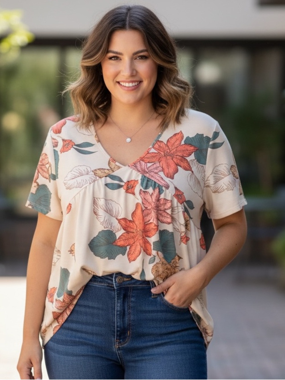 Cream n Sugar V-Neck Floral SS Tunic - Coral & Green Tropical Resortwear